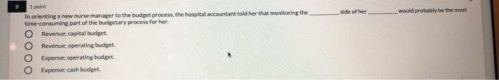 side of her would probably be the most 1 point In orienting a new nurse manager to the budget process, the hospital accountan