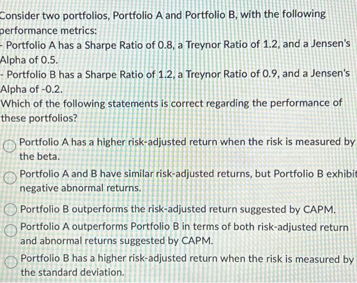 Solved Erformance Metrics: Portfolio A Has A Sharpe Ratio Of | Chegg.com