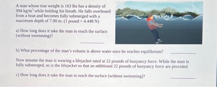 Solved A man whose true weight is 163lbs has a density of | Chegg.com