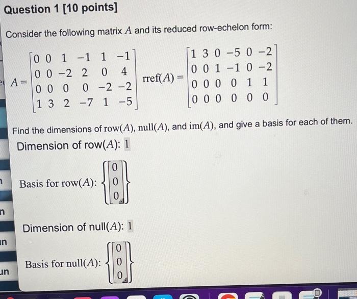 Solved Question 1 [10 points] Consider the following matrix | Chegg.com