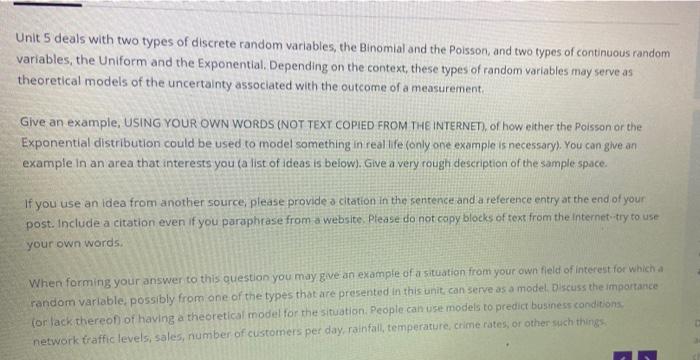 Solved Unit 5 Deals With Two Types Of Discrete Random Chegg Com