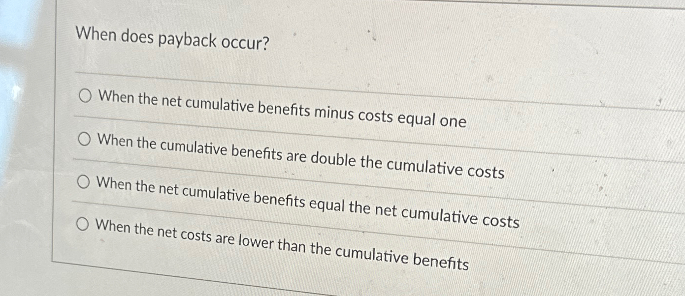 Solved When does payback occur?When the net cumulative