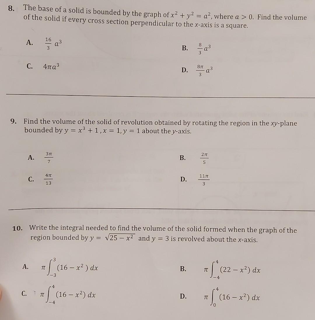 Solved 8. The base of a solid is bounded by the graph of x2 | Chegg.com