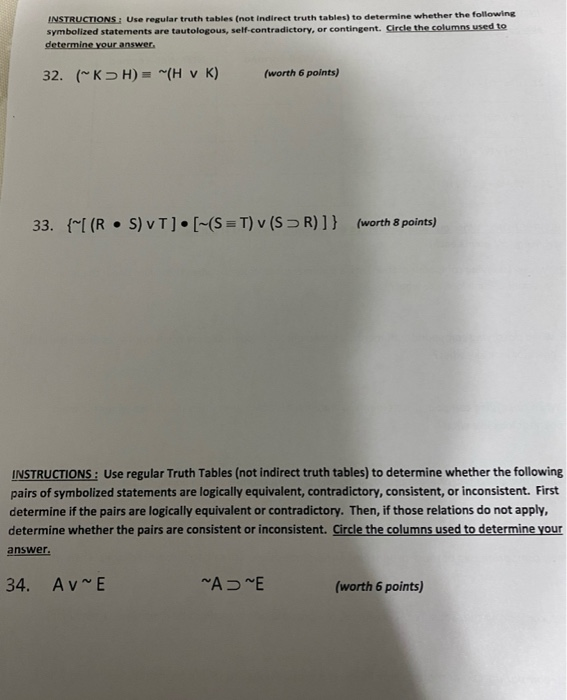 Solved INSTRUCTIONS: Use Regular Truth Tables (not Indirect | Chegg.com