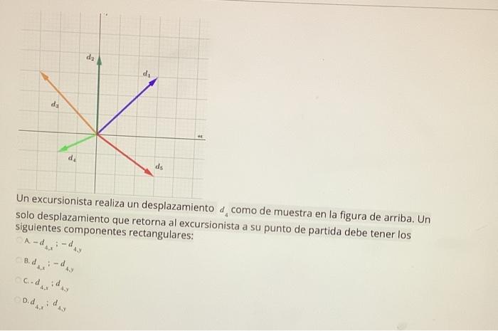 on excursionista realiza un desplazamiento \( d_{4} \) como de muestra en la figura de arriba. Un solo desplazamiento que ret