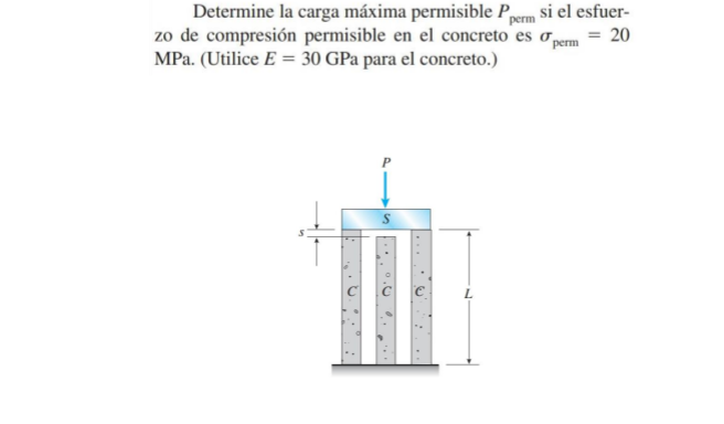 Determine la carga máxima permisible \( P_{\mathrm{perm}} \) si el esfuerzo de compresión permisible en el concreto es \( \si