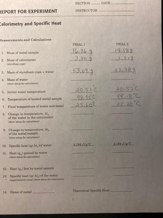 Solved SECTION DATE REPORT FOR EXPERIMENT INSTRUCTOR | Chegg.com