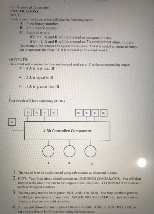 Solved 4 Bit Controlled Comparator SPECIFICATIONS: INPUTS: | Chegg.com