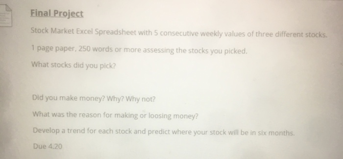 Solved Final Project Stock Market Excel Spreadsheet With Chegg Com