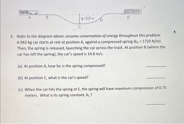 3. Refer to the diagram above; assume conservation of energy throughout this problem. A 942-kg car starts at rest at position