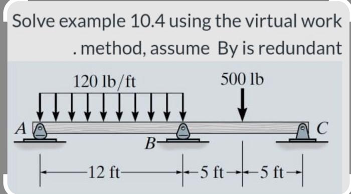 Solve example 10.4 using the virtual work . method, assume By is redundant 120 lb/ft 500 lb AD B- AC tes -5 ft-+-5 ft- 12 ft