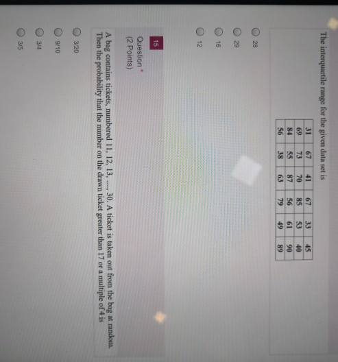 Solved The interquartile range for the given data set is 33 | Chegg.com