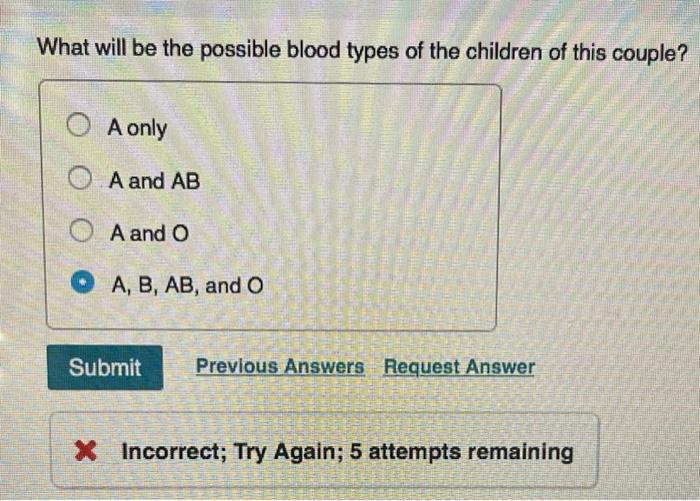 What will be the possible blood types of the children of this couple?
A only
\( A \) and \( A B \)
A and \( \mathrm{O} \)
\( 