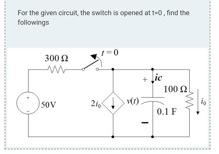 Solved For the given circuit, the switch is opened at t=0 , | Chegg.com