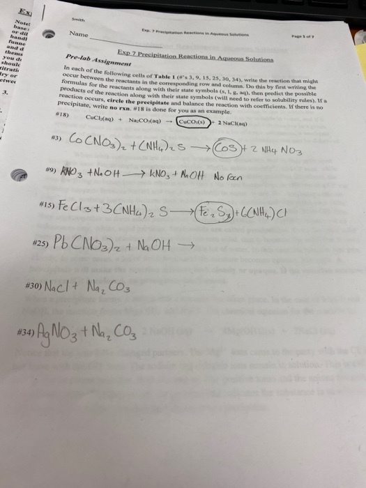 Solved Name Pre-lab Assignment Exp 7 Precipitation Reactions 