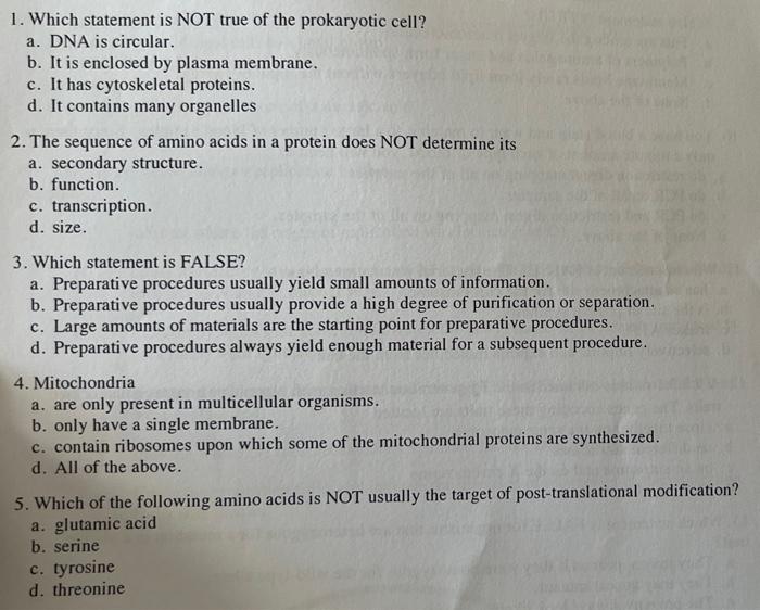 Solved 1. Which statement is NOT true of the prokaryotic