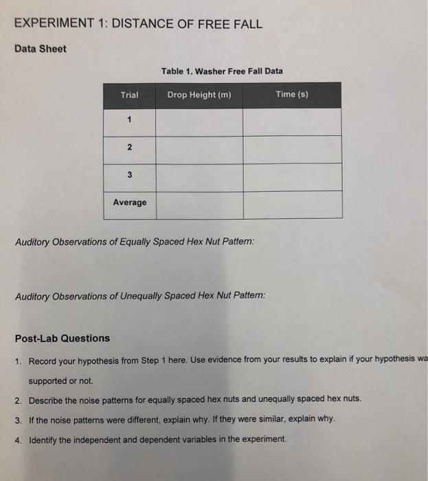 Solved EXPERIMENT 1: DISTANCE OF FREE FALL Data Sheet Table | Chegg.com