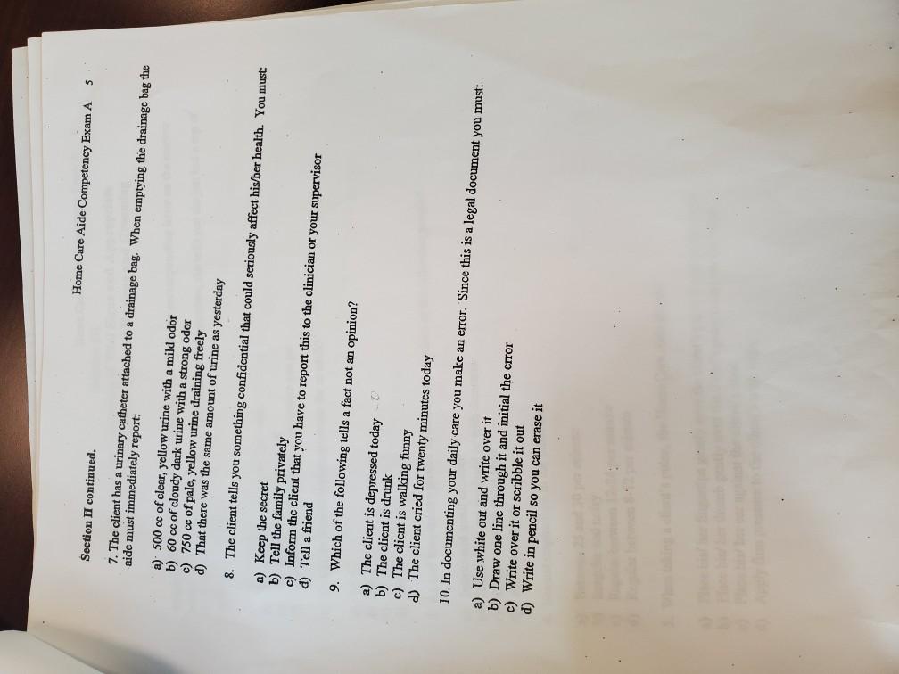 Home Care Aide Competency Exam A 2 Section I