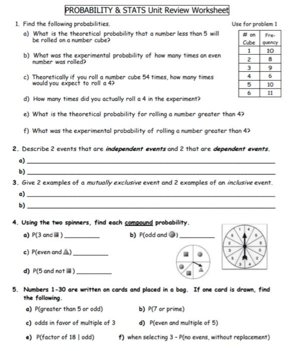 Solved Fre- 1 PROBABILITY & STATS Unit Review Worksheet 1. | Chegg.com