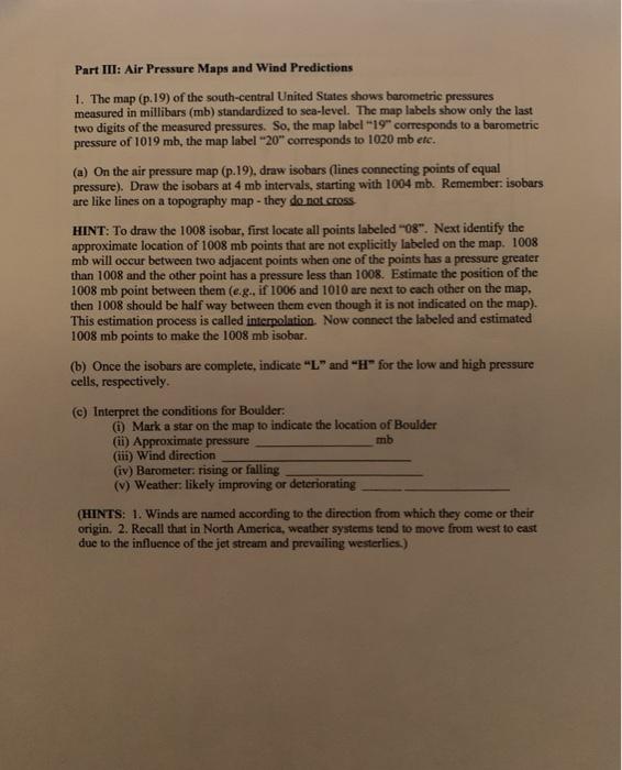 Solved Part III Air Pressure Maps and Wind Predictions 1.