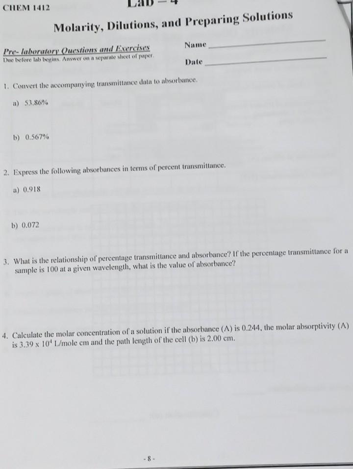 Solved CHEM 1412 Molarity, Dilutions, and Preparing
