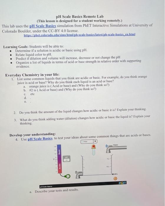 Solved pH Scale Basics Remote Lab (This lesson is designed
