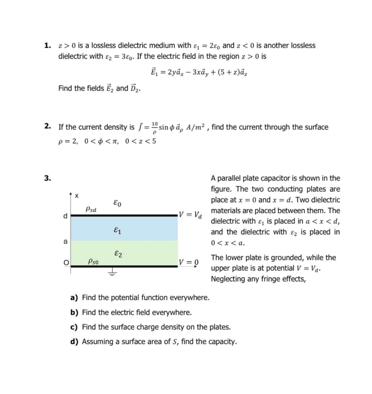 Solved z>0 ﻿is a lossless dielectric medium with ε1=2ε0 ﻿and | Chegg.com