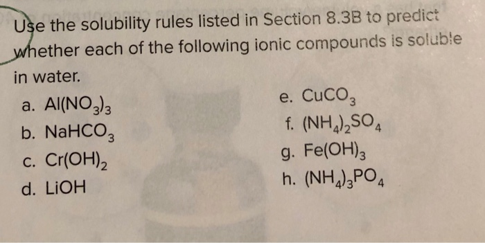 Solved Use the solubility rules listed in Section 8.3B to | Chegg.com