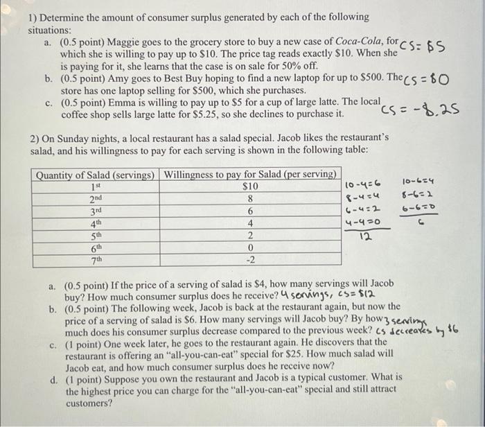 Solved 1) Determine the amount of consumer surplus generated | Chegg.com