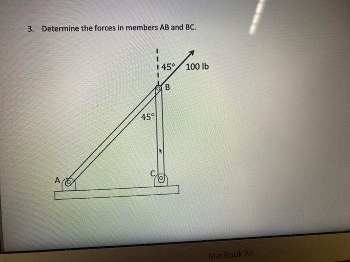 Solved 3. Determine the forces in members AB and BC. | Chegg.com