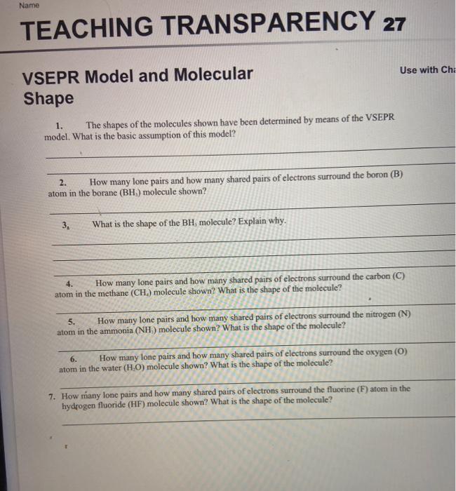 Solved Name TEACHING TRANSPARENCY 27 Use with Chi VSEPR | Chegg.com