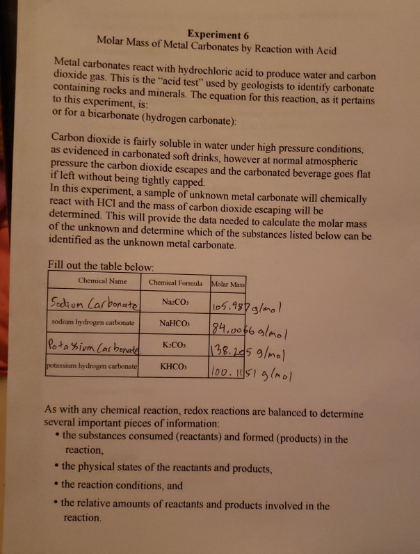 Experiment 6 Molar Mass Of Metal Carbonates Chegg 