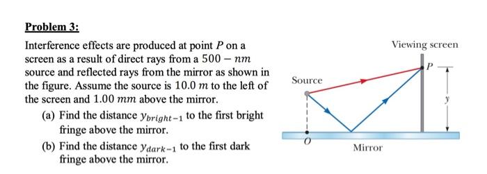 Problem 3:
Interference effects are produced at point \( P \) on a screen as a result of direct rays from a \( 500-\mathrm{nm