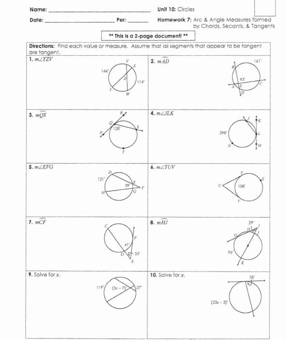 Solved Per: Name: Unit 10: Circles Date: Homework 7: Are & | Chegg.com