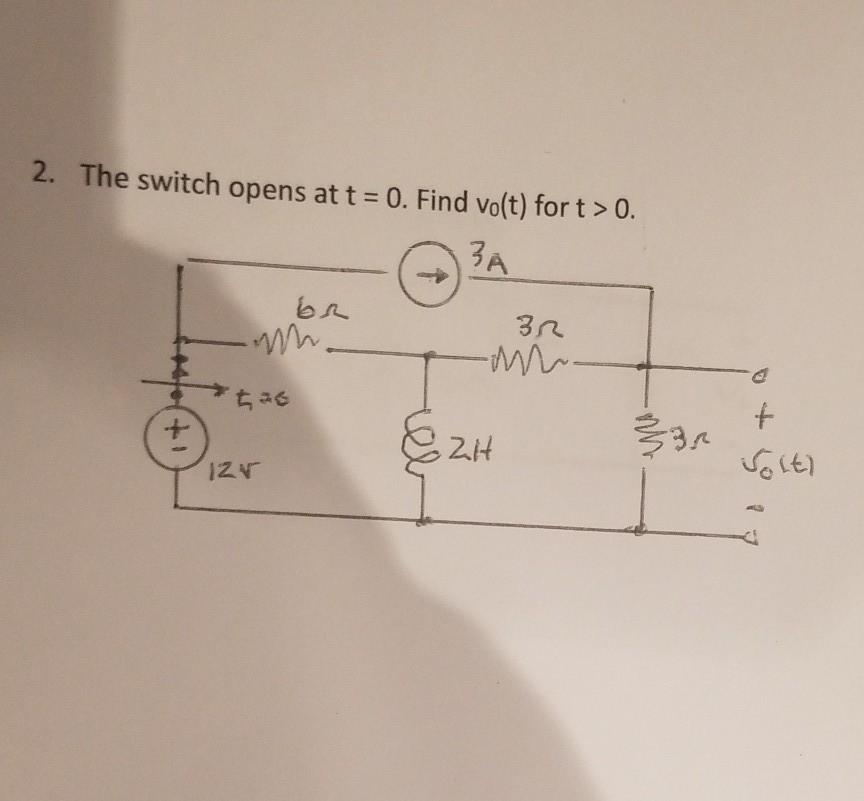 Solved 2. The switch opens at t = 0. Find vo(t) for t > 0. | Chegg.com
