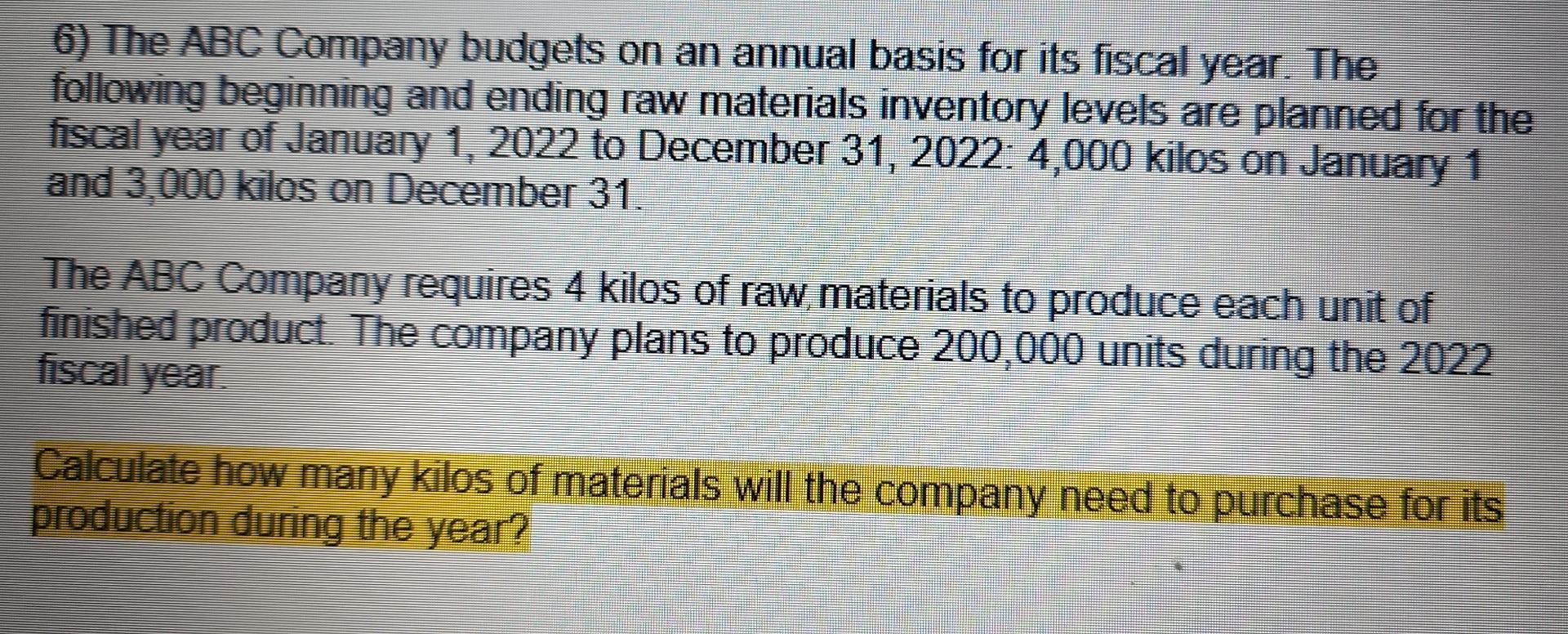 6) The ABC Company budgets on an annual basis for its fiscal year. The
following beginning and ending raw materials inventory
