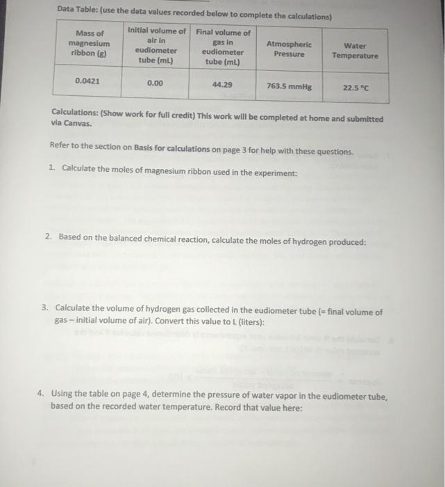 Solved Data Table: (use the data values recorded below to | Chegg.com