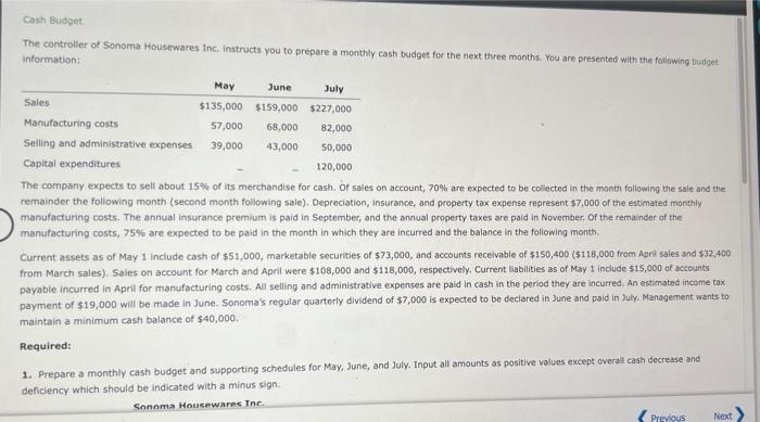 The controlier of Sonoma Housewares inc. instructs you to prepare a monthly cash budget for the rext three months. You are pr