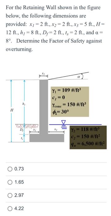 Solved For the Retaining Wall shown in the figure below, the | Chegg.com