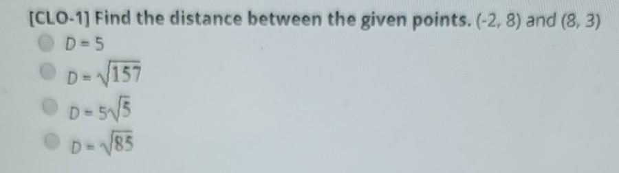 Solved [CLO-1) Find the distance between the given points. | Chegg.com