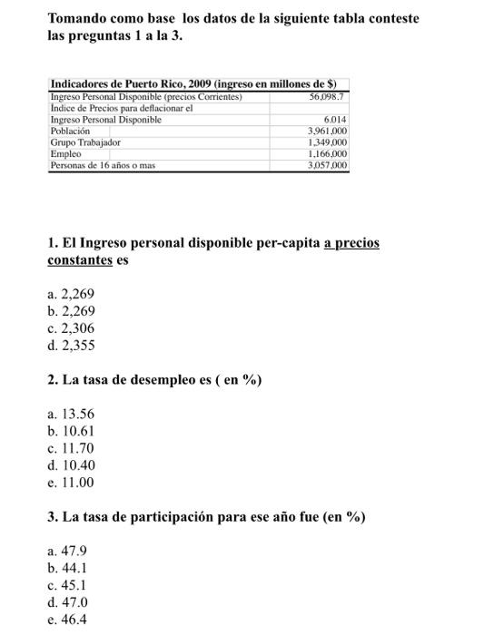 Tomando como base los datos de la siguiente tabla conteste las preguntas 1 a la 3 . 1. EI Ingreso personal disponible per-cap