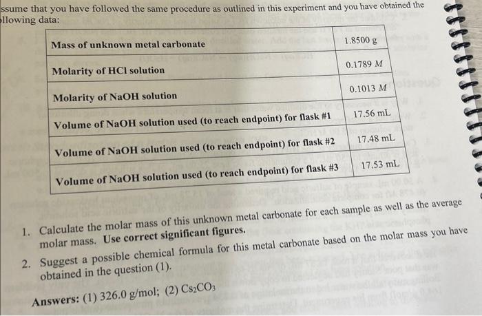 Solved procedure- take metal unknown carbonate weighing | Chegg.com