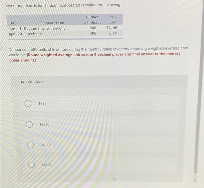 solved-inventory-records-for-dunbar-incorporated-revealed-chegg