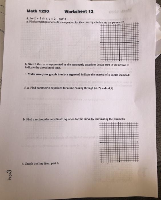 Solved Math 1230 Worksheet 12 4. For X-3 sint,y - 2-cost a. | Chegg.com