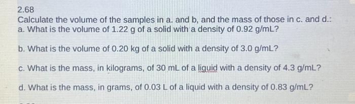 Solved 2.68 Calculate the volume of the samples in a. and b, | Chegg.com