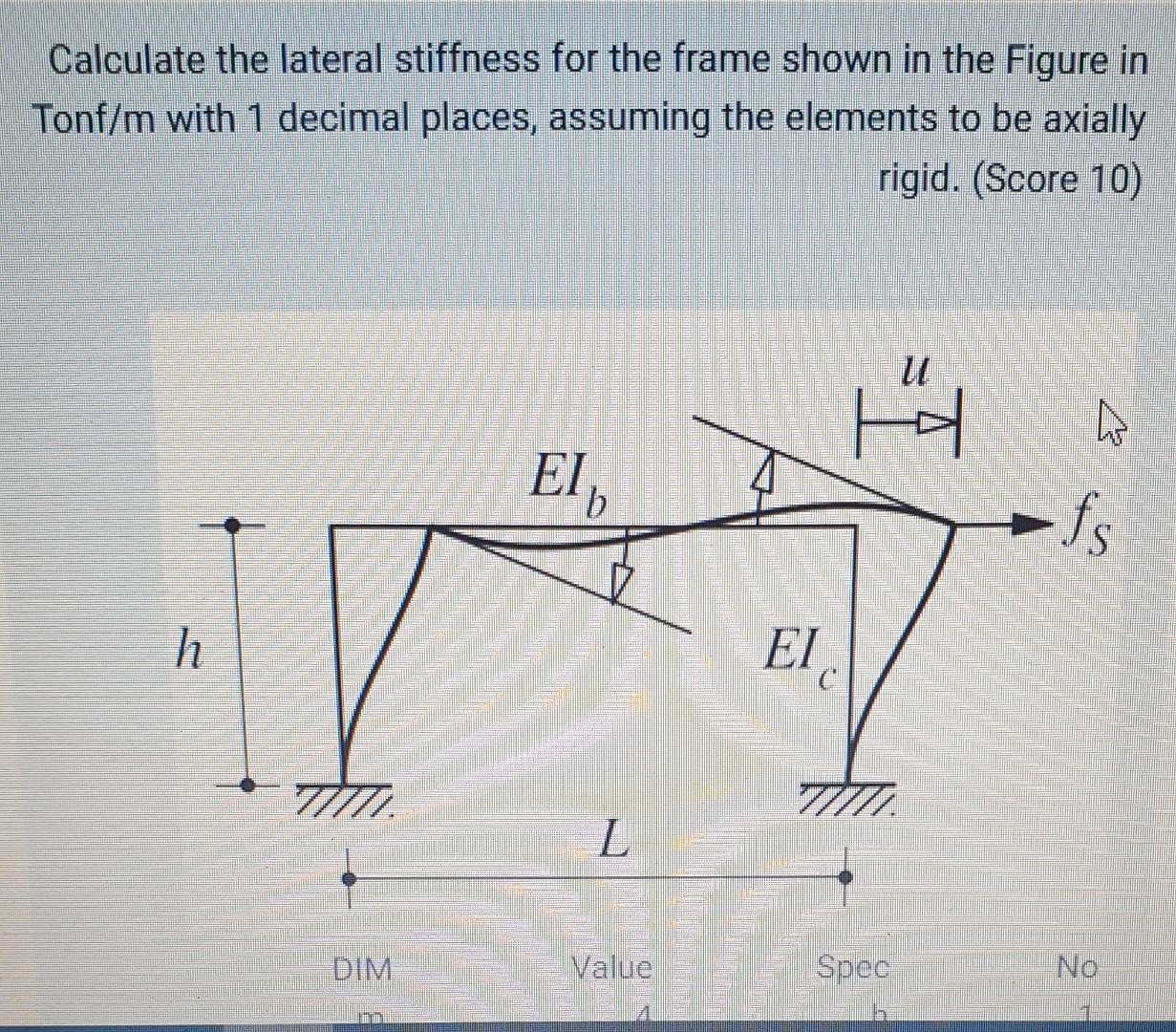rigid. (Score 10)
Calculate the lateral stiffness for the frame shown in the Figure in
Tonf/m with 1 decimal places, assuming