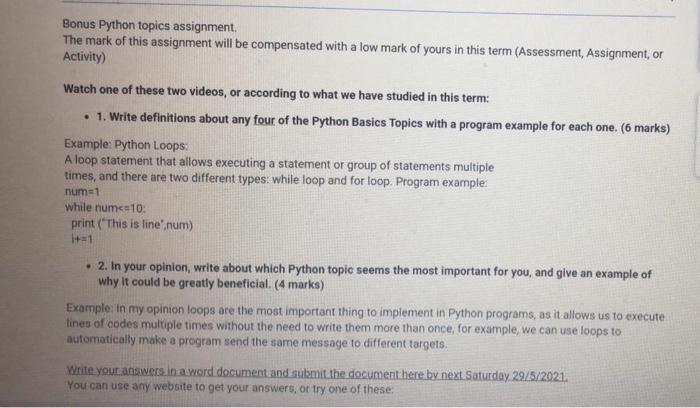 Solved Bonus Python topics assignment. The mark of this | Chegg.com