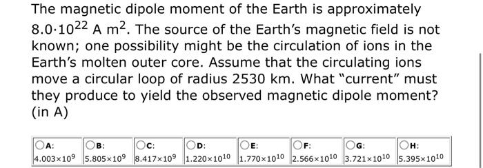 Solved The magnetic dipole moment of the Earth is | Chegg.com