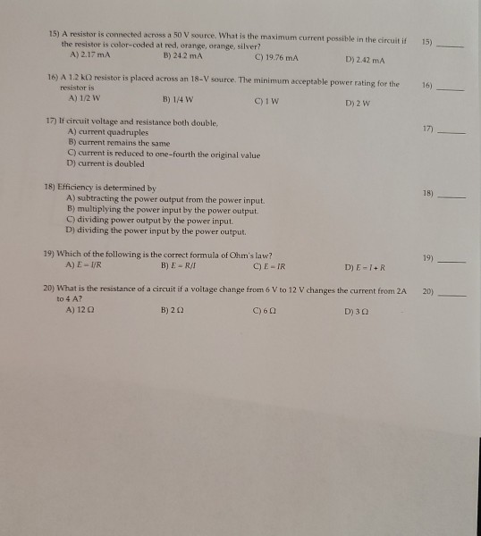 Solved 15 A Resistor Is Connected Across A 50 V Source Chegg Com