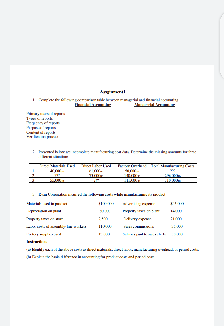 Solved Assginment1 1. Complete the following comparison | Chegg.com